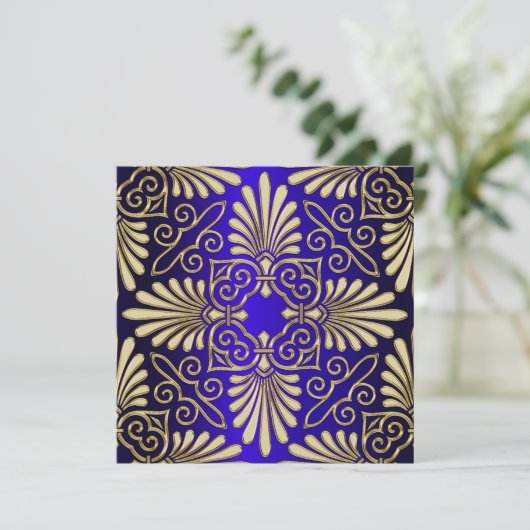 Gold & Blue Art Deco Deco Damask Vrijgezellenfeest Kaart (Staand voorkant)
