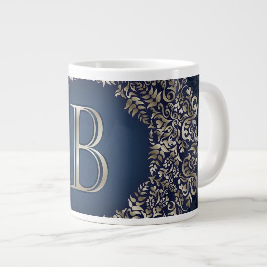 Gold Blue  B Fancy Damask Monogram Grote Koffiekop (Voorkant rechts)