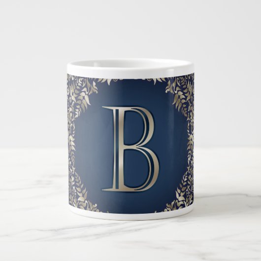 Gold Blue  B Fancy Damask Monogram Grote Koffiekop (Voorkant)