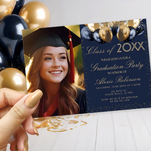 Gold blue balloons collage graduation party photo kaart