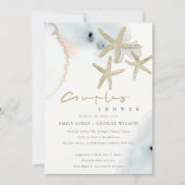 GOLD BLUE BEACHY STARFISH KOUPLES SHOWER INVITE BEDANKKAART (Voorkant)