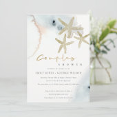 GOLD BLUE BEACHY STARFISH KOUPLES SHOWER INVITE BEDANKKAART (Staand voorkant)
