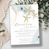 GOLD BLUE BEACHY STARFISH KOUPLES SHOWER INVITE BEDANKKAART
