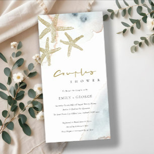 GOLD BLUE BEACHY STARFISH KOUPLES SHOWER INVITE BEDANKKAART