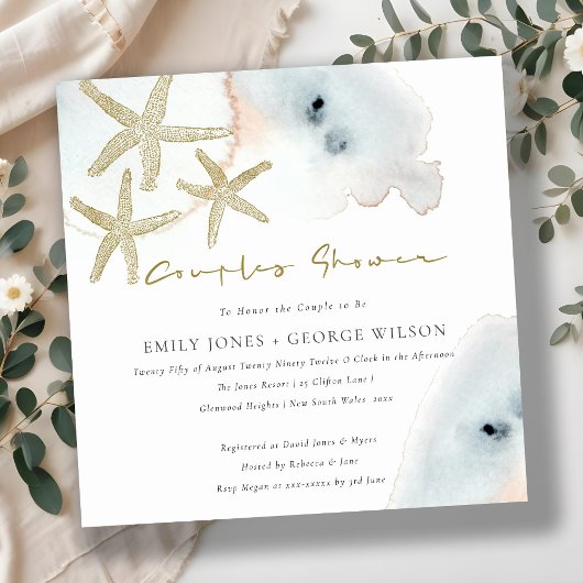 GOLD BLUE BEACHY STARFISH KOUPLES SHOWER INVITE BEDANKKAART