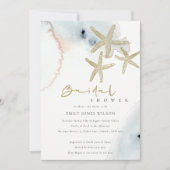 GOLD BLUE BEACHY STARFISH VRIJGEZELLENFEEST INVITE BEDANKKAART (Voorkant)