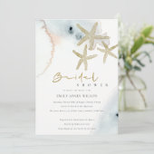 GOLD BLUE BEACHY STARFISH VRIJGEZELLENFEEST INVITE BEDANKKAART (Staand voorkant)