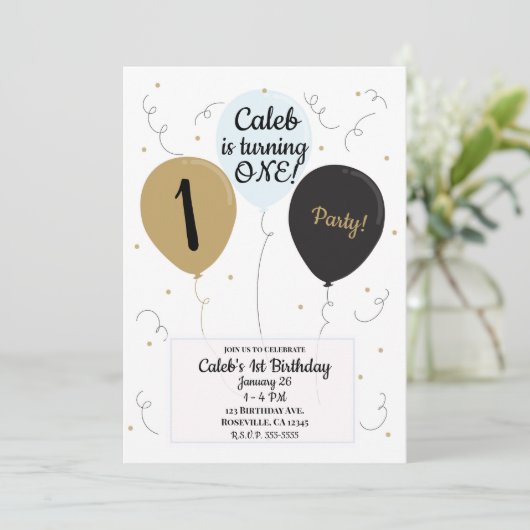 Gold Blue & Black Balloons Jongens 1e Verjaardagsf Kaart (Staand voorkant)