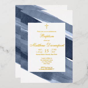 Gold Blue Boy Baptism Folie Uitnodiging