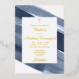 Gold Blue Boy Baptism Folie Uitnodiging