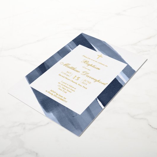 Gold Blue Boy Baptism Folie Uitnodiging (Gedraaid)