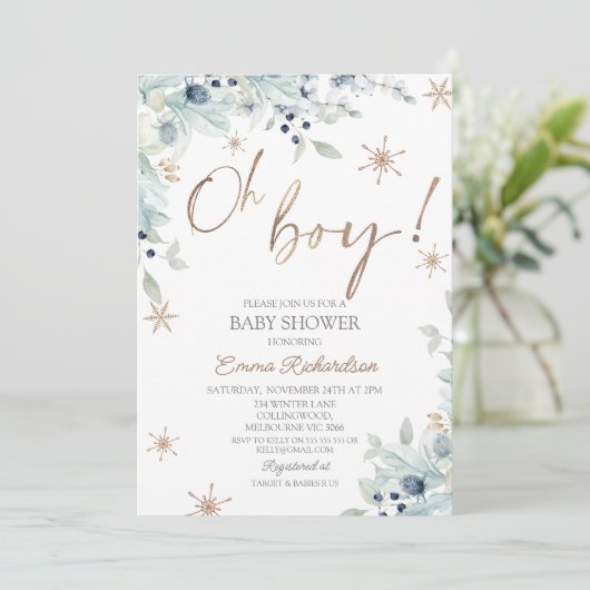 Gold Blue Boy Little Snowflake Baby shower Kaart (Staand voorkant)