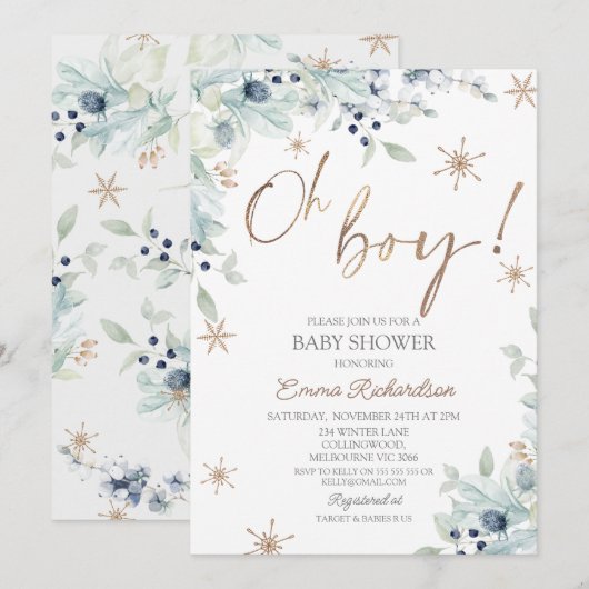 Gold Blue Boy Little Snowflake Baby shower Kaart (Voorkant / Achterkant)