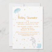 *~* Gold Blue Bunny Paraplu Douche Uitnodiging (Achterkant)