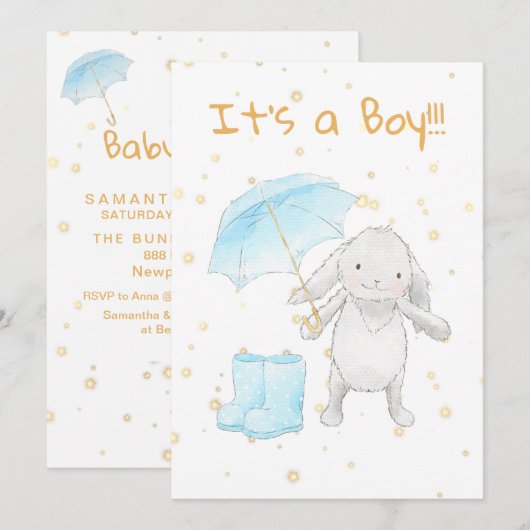*~* Gold Blue Bunny Paraplu Douche Uitnodiging (Voorkant / Achterkant)