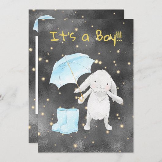 *~* Gold Blue Bunny Paraplu Douche Uitnodiging (Voorkant / Achterkant)