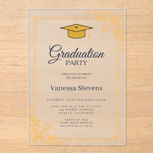 Gold Blue Classic Graduation Cap Party Acryl Uitnodigingen (Voorkant)