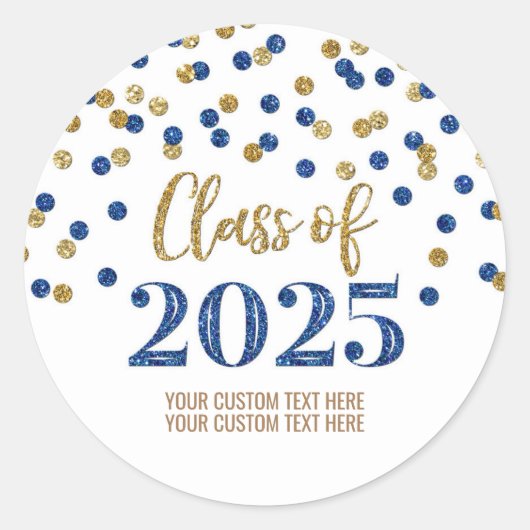 Gold Blue Confetti Afstuderen 2025 Ronde Sticker (Voorkant)