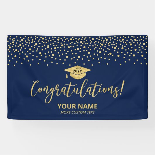 Gold & Blue Confetti - Afstuderen met felicitaties Spandoek (Horizontaal)
