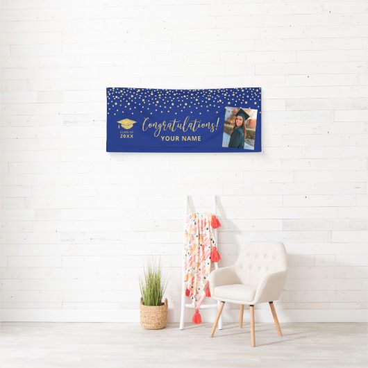 Gold & Blue Confetti - Afstuderen met felicitaties Spandoek (Insitu)