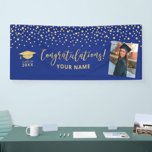 Gold & Blue Confetti - Afstuderen met felicitaties Spandoek (Beurs)