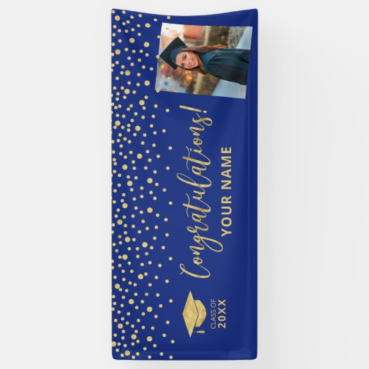 Gold & Blue Confetti - Afstuderen met felicitaties Spandoek (Verticaal)