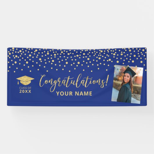 Gold & Blue Confetti - Afstuderen met felicitaties Spandoek (Horizontaal)