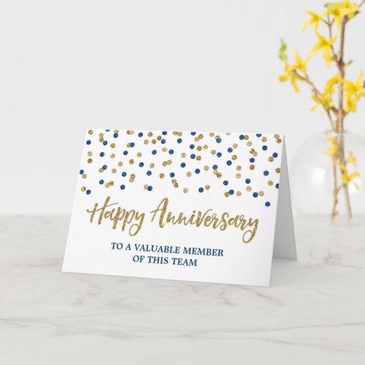 Gold Blue Confetti Medewerker Jubileum Kaart (Gele Bloem)