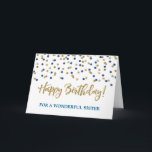 Gold Blue Confetti Sister Verjaardag Kaart<br><div class="desc">Verjaardagskaart voor zus met goud en blauw modern glitter confetti patroon. Let op: het glittereffect is alleen een fotografisch effect.</div>
