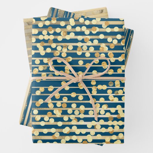 Gold blue confetti strepen elegant vormig patroon inpakpapier vel (In situ)