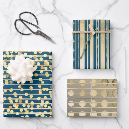 Gold blue confetti strepen elegant vormig patroon inpakpapier vel (Voorkant)