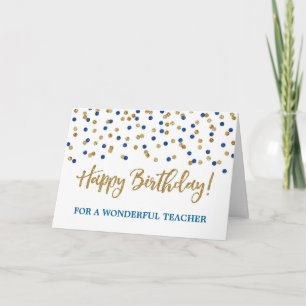 Gold Blue Confetti Teacher Verjaardag Kaart