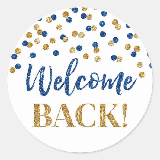 Gold Blue Confetti Welcome Back Round Sticker (Voorkant)