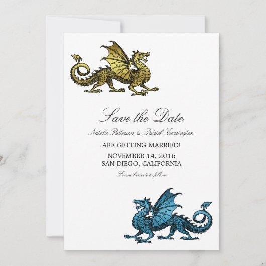 Gold Blue Dragon Save the Date Invite (Voorkant)