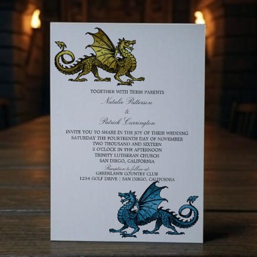Gold Blue Dragon Wedding Invite Kaart