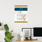Gold Blue Elegant Monogram Wedding Seding Chart Poster (Thuiskantoor)