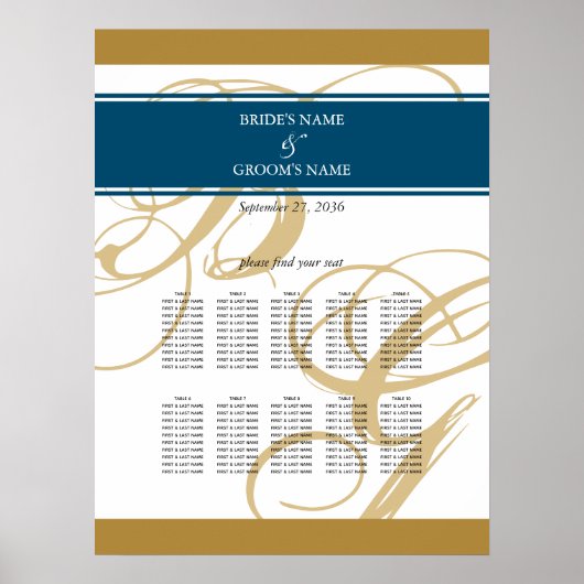 Gold Blue Elegant Monogram Wedding Seding Chart Poster (Voorkant)