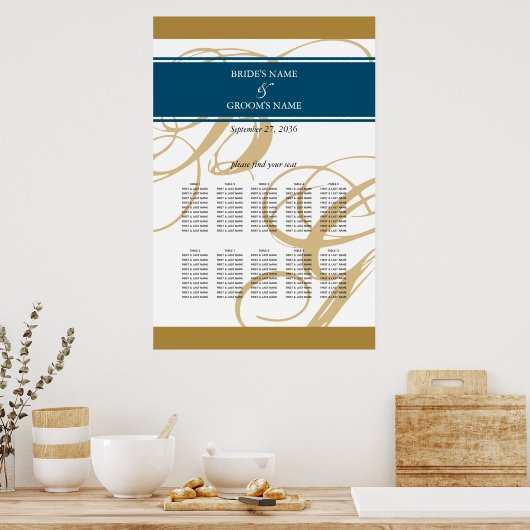 Gold Blue Elegant Monogram Wedding Seding Chart Poster (Keuken)
