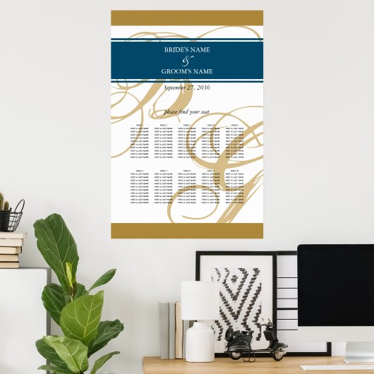 Gold Blue Elegant Monogram Wedding Seding Chart Poster (Thuiskantoor)