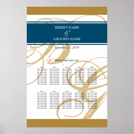Gold Blue Elegant Monogram Wedding Seding Chart Poster (Voorkant)