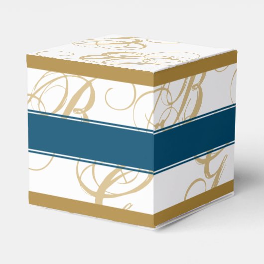 Gold Blue Elegant Script Monogram Weddenschap Bedankdoosjes (Achterkant)