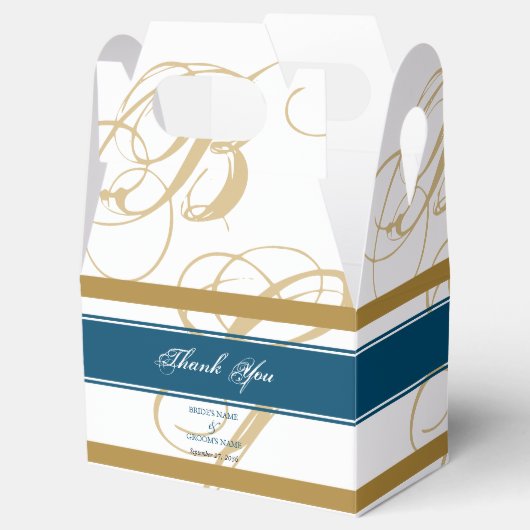 Gold Blue Elegant Script Monogram Weddenschap Bedankdoosjes (Geopend)