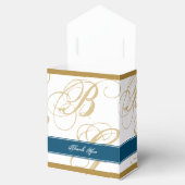 Gold Blue Elegant Script Monogram Weddenschap Bedankdoosjes (Geopend)