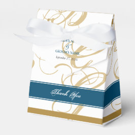 Gold Blue Elegant Script Monogram Weddenschap Bedankdoosjes