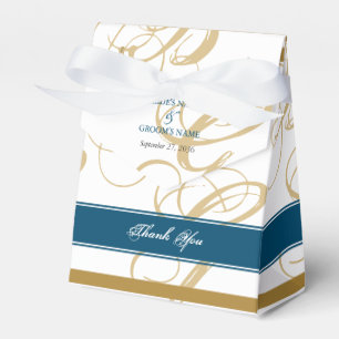 Gold Blue Elegant Script Monogram Weddenschap Bedankdoosjes