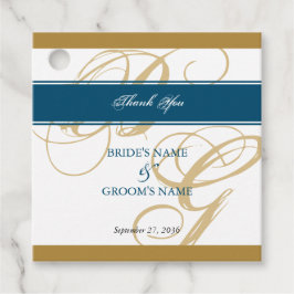 Gold Blue Elegant Script Monogram Weddenschap Bedankjes Labels
