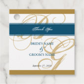 Gold Blue Elegant Script Monogram Weddenschap Bedankjes Labels (Voorkant)