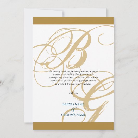 Gold Blue Elegant Script Monogram Weddenschap Bedankkaart (Achterkant)