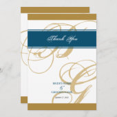 Gold Blue Elegant Script Monogram Weddenschap Bedankkaart (Voorkant / Achterkant)
