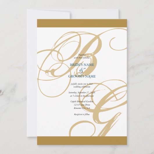 Gold Blue Elegant Script Monogram Weddenschap Kaart (Voorkant)